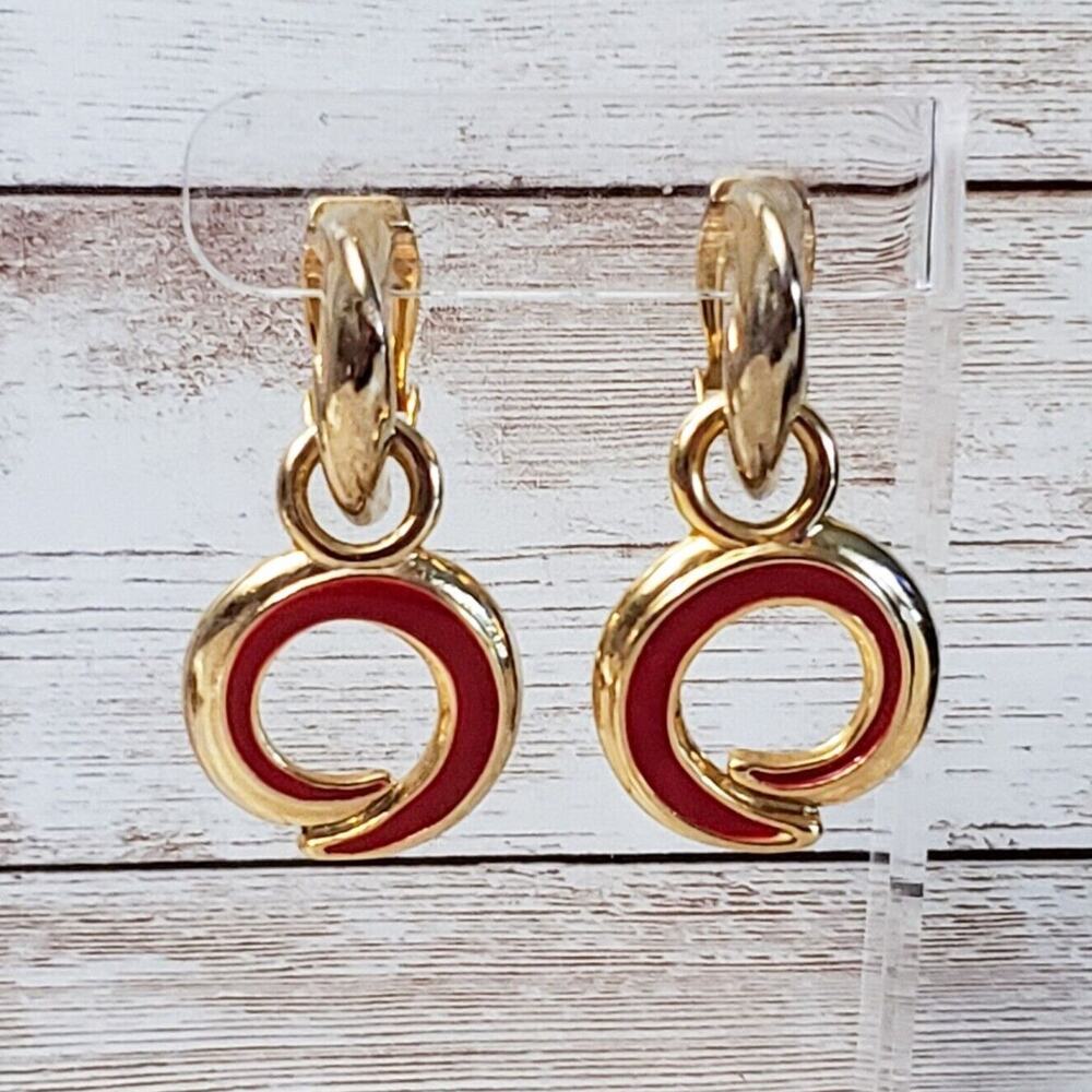Vintage Clip On Earrings - Statement Gold Tone & Red Dangle 1 & 7/8"